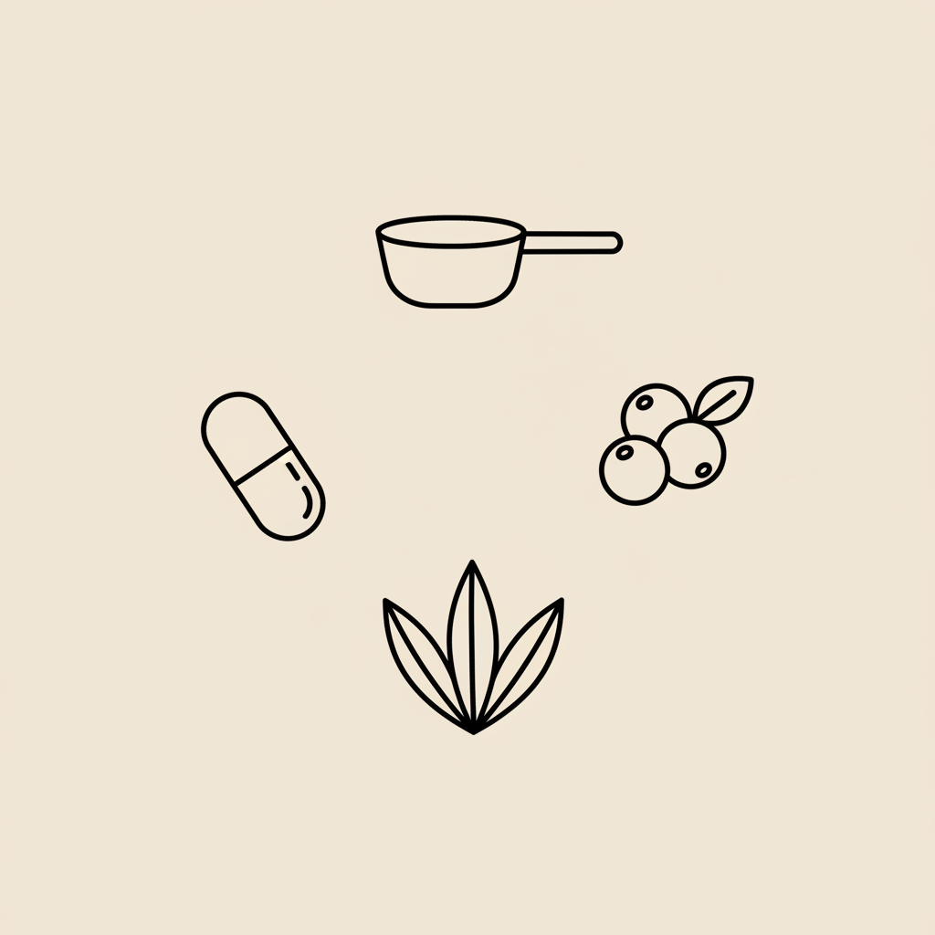 Minimalist line illustration of a protein scoop, berry cluster, psyllium leaf and capsule arranged in a balanced circle on beige background — healthiest weight loss shake