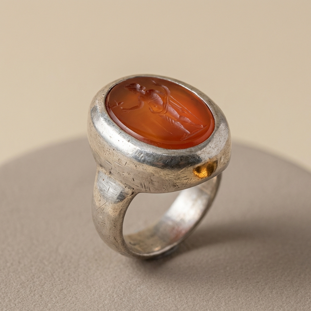 Macro photo of an ancient intaglio ring carved in carnelian set in a Roman style silver bezel showing hand tool marks and patina on a soft beige background