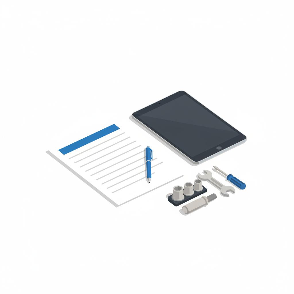 Minimalist 2D vector of a tidy mechanic workbench with a printed vehicle history report tablet and tools highlighting used car value assessment with a subtle blue accent