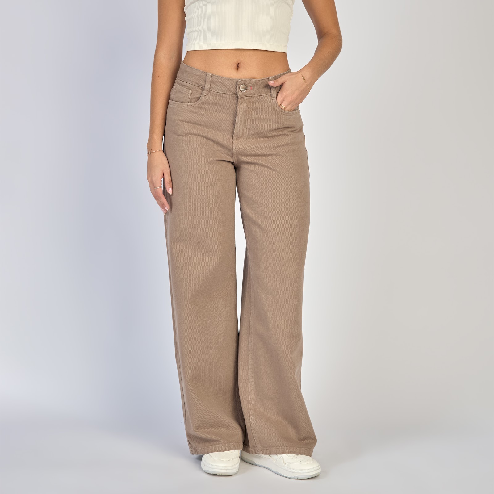 Jean dama wide leg tiro alto rígido. color Almendra - Vista 4