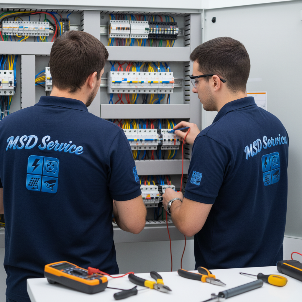 eletricista de costas em serviço com uniforme e logo HS Elétrica