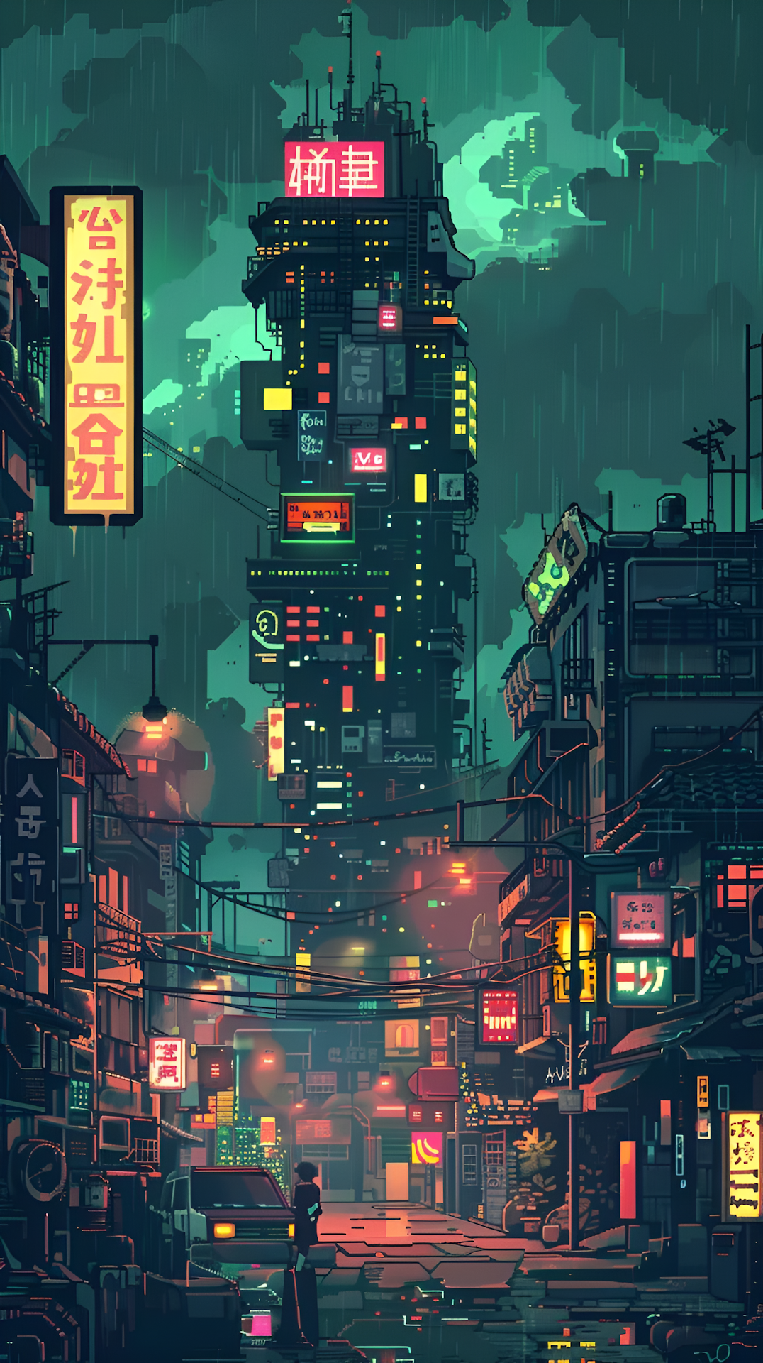 Cyberpunk Rainy Alley Megatower Pixel Art Dystopia - Free 4K mobile Wallpaper