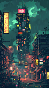 Cyberpunk Rainy Alley Megatower Pixel Art Dystopia