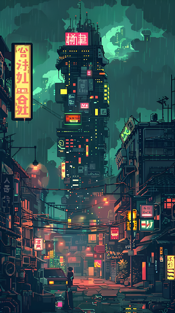 Cyberpunk Rainy Alley Megatower Pixel Art Dystopia - Free mobile Wallpaper