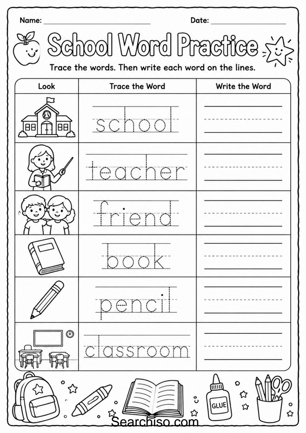School Word Practice Tracing Worksheet