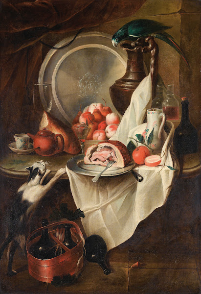 Still Life With Fruits And Ham With A Cat And A Parrot