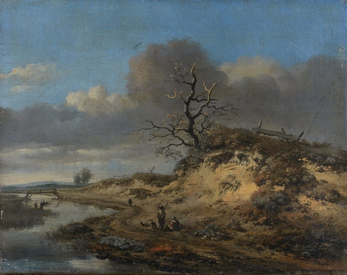 Dune landscape with a sand road along a river 17th century