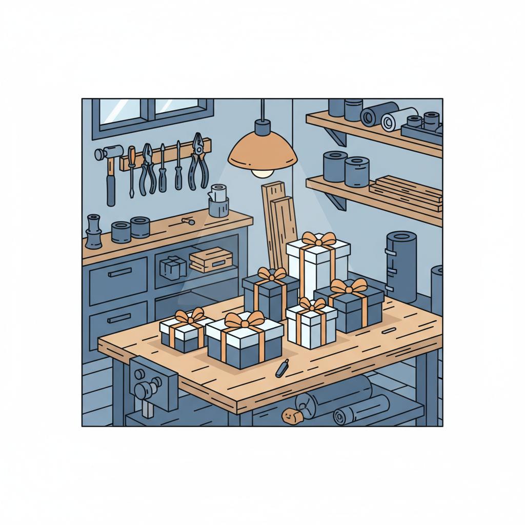 Minimalistische 2D-Vektor-Illustration einer industriellen Werkbank mit geordneten Geschenkverpackungen und Werkzeug im Hintergrund, warme Beleuchtung, Dankeschön Ideen