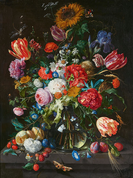 Stillleben mit Blumen und Früchten auf einer Steinkonsole