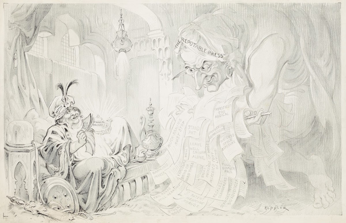 Aladdin like figure wearing hat of Vested Interests lounges on an ottoman