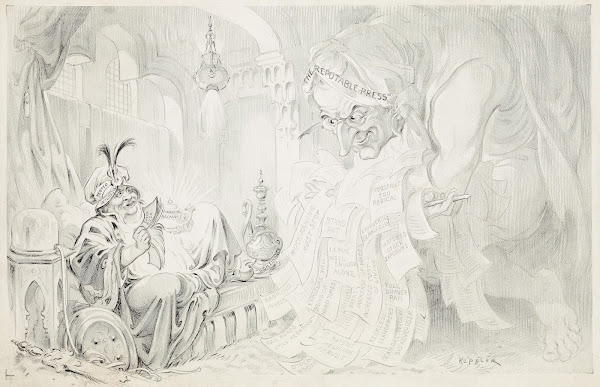 Aladdin like figure wearing hat of Vested Interests lounges on an ottoman