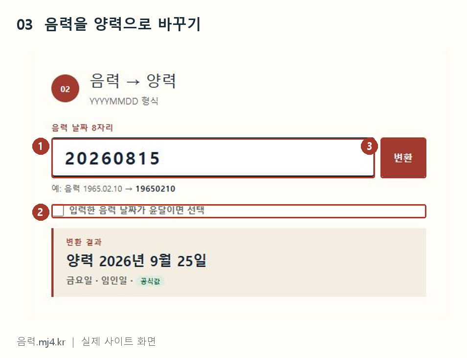 음력 → 양력 칸에 20260815를 입력하고 변환하면 양력 2026년 9월 25일이 나오는 화면