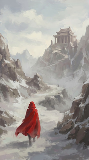 Monk in Red Cloak Walking Towards Mountain Temple in Fog - Free mobile Wallpaper