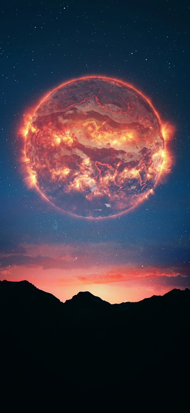 Burning Planet Above Mountain Silhouette - Digital Space Art 4K iPhone Wallpaper (2658x5758)
