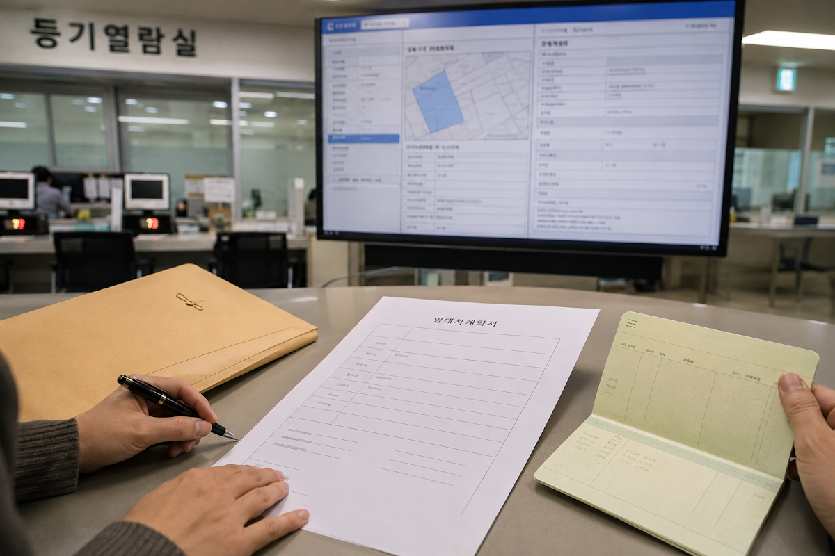 소유권 변경과 전세보증금 관련 서류를 교차 확인하는 장면