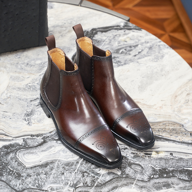 Men's leather Chelsea boots, brogue design, round