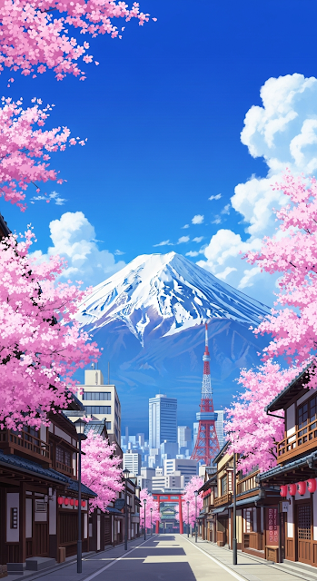 Vibrant Anime Street View of Cherry Blossoms, Cityscape, and Mount Fuji - Free mobile Wallpaper