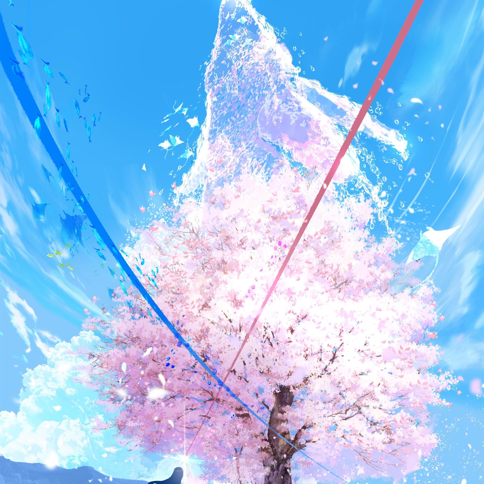 Download Anime Landscape, Cherry Blossoms, Fantasy Art, Blue Sky 4K iPhone