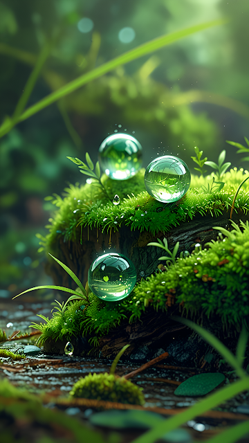 Glowing Water Droplets on Mossy Forest Floor - Free mobile Wallpaper