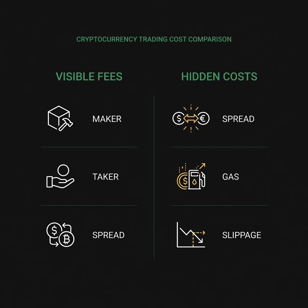 Minimalist infographic comparing visible fees and hidden costs in a cryptocurrency trading app with maker taker spread and gas icons on a dark Finance Police style background
