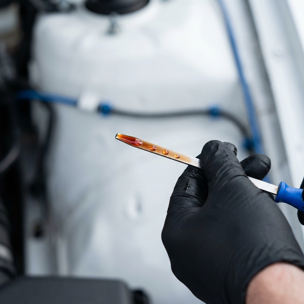 Close up of a hand checking transmission fluid color on a dipstick during maintenance jeep grand cherokee for sale white background blue accents CarFax Deals style