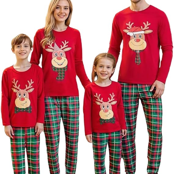 Family Pajama Set, Cotton, Christmas Cartoon Design