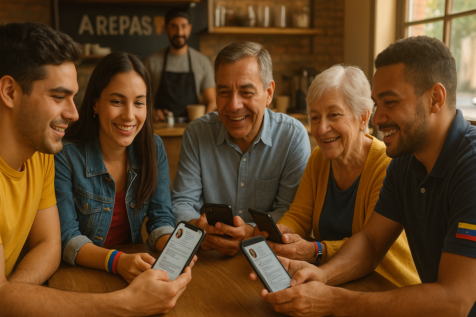 Venezolanos en una arepera del exterior compartiendo oportunidades laborales con sus teléfonos y sonrisas de esperanza