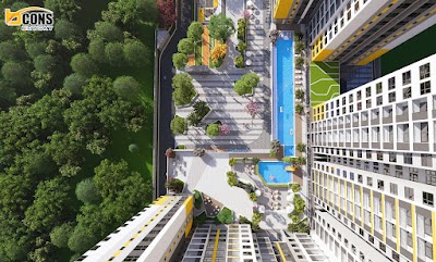 Hồ bơi giữa khối căn hộ và rặng cây xanh Bcons NewSky