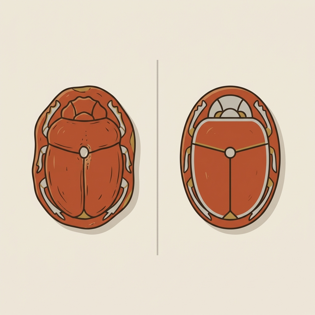 Side by side vector comparison of a hand carved carnelian scarab and a modern reproduction showing visible differences in drill holes and tool marks ancient egyptian scarab ring price