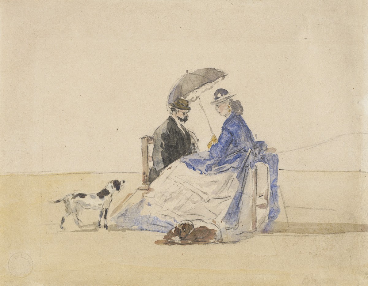 A Couple Seated on the Beach with Two Dogs c 1865