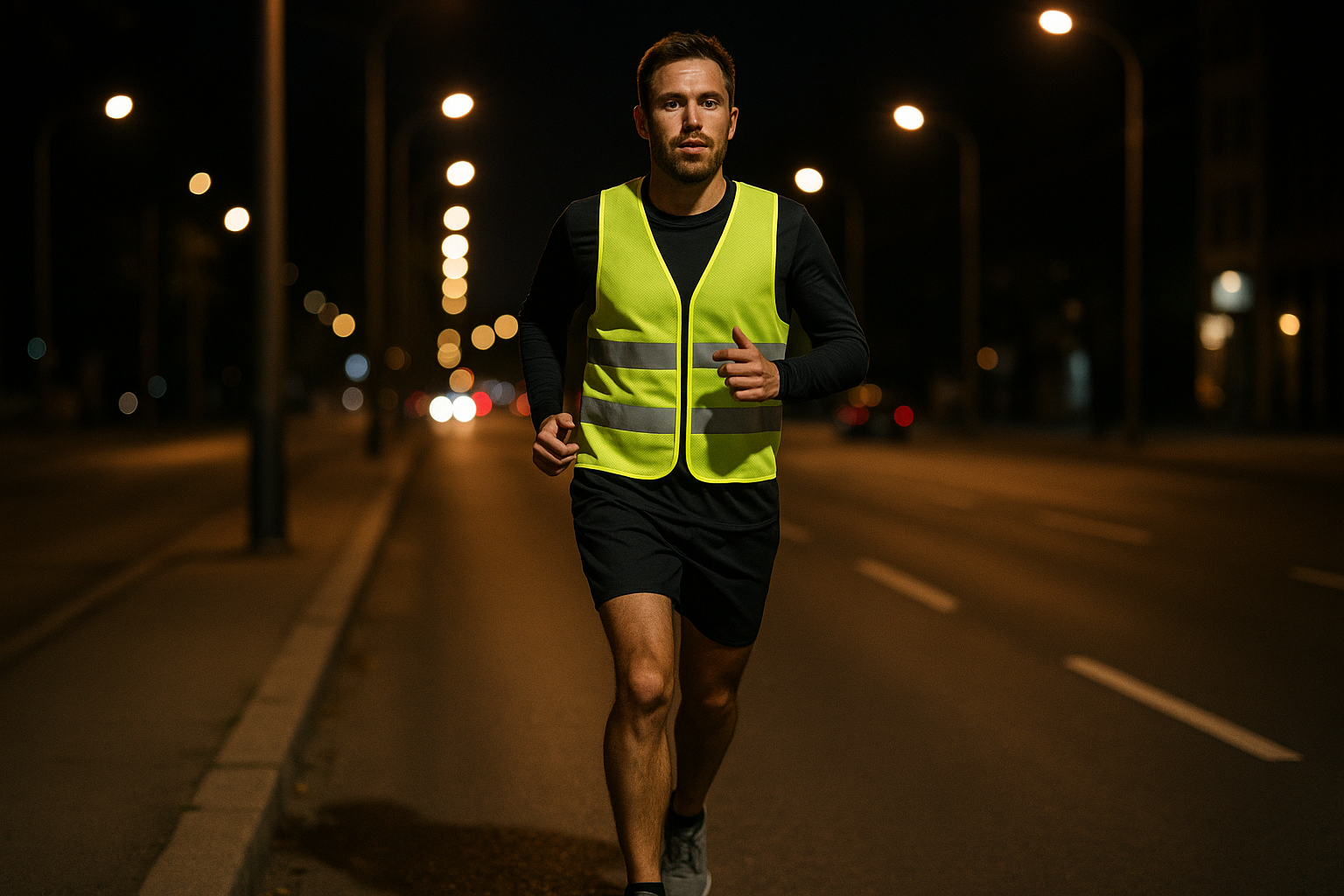 Corredor con chaleco reflectivo entrenando de noche en la ciudad