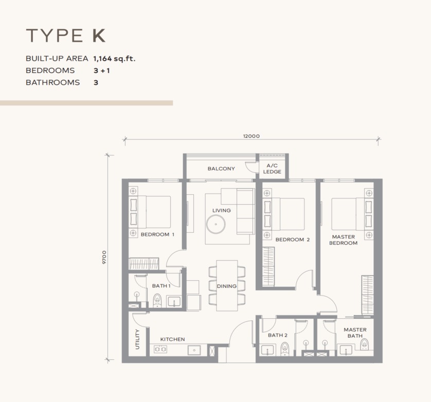Khaya Residence Type K floor plan — 1268 sq ft, 3 bedrooms