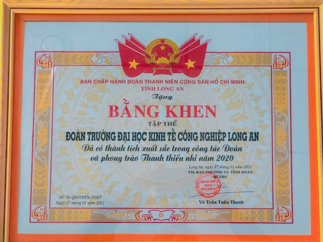 Bằng khen tập thể Đoàn trường Đại học Kinh tế Công nghiệp Long An đã có thành tích xuất sắc trong công tác Đoàn và phong trào Thanh thiếu nhi năm 2020