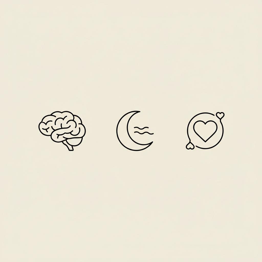 Minimalist line-art trio: brain, crescent moon with waves, and heart with vessel on beige background illustrating Alzheimer's triggers