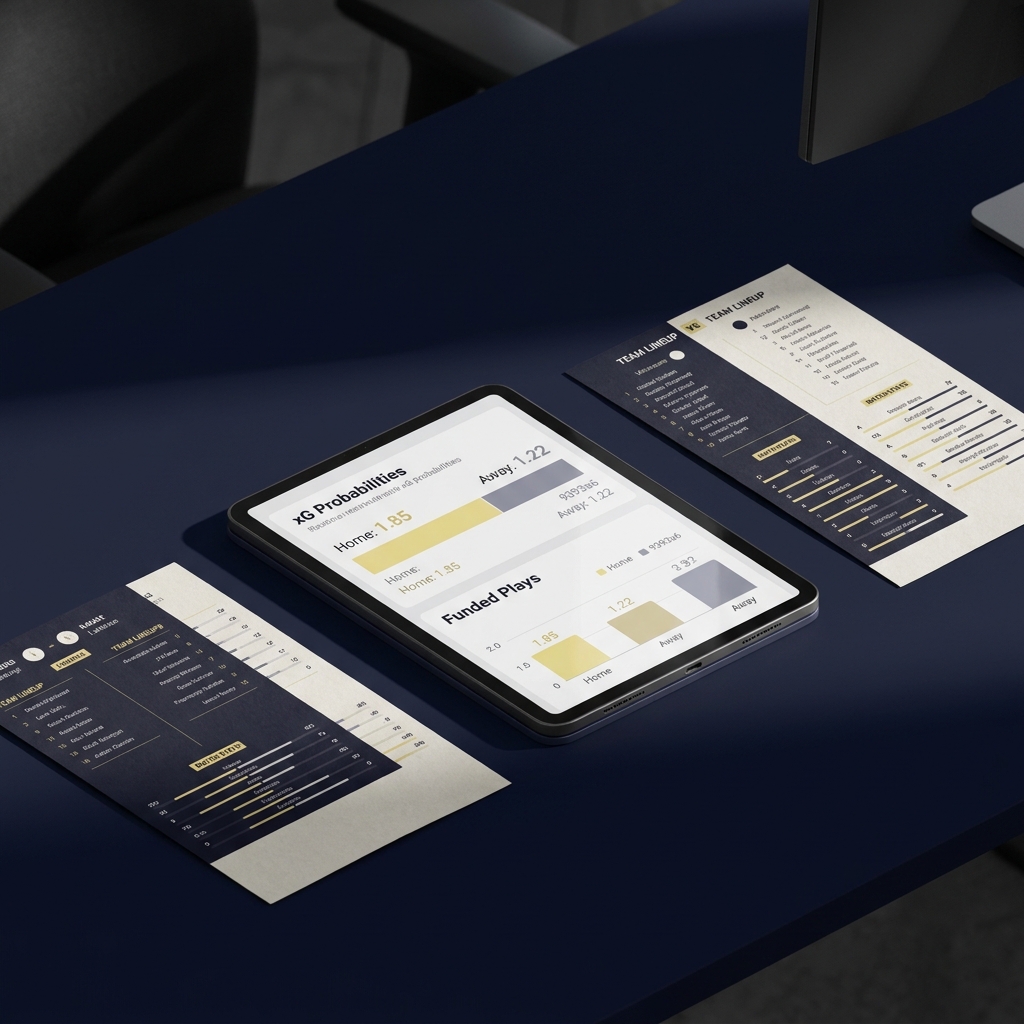 Close up of team sheets and a tablet showing xG probabilities and small bar charts in a minimalist Funded Plays style on a deep navy background fulham prediction