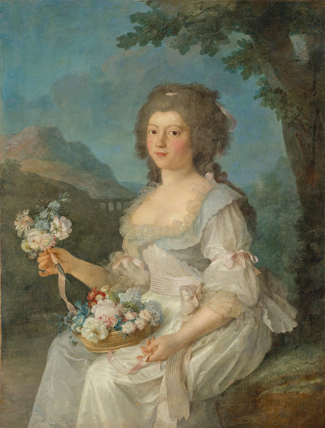 Portrait de femme en buste tenant une corbeille de fleurs