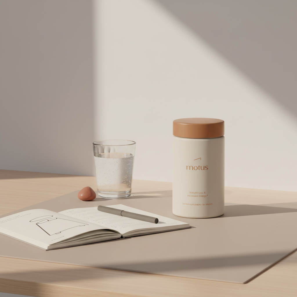 Minimalist home desk with Tonum Nouro supplement jar beside an open notebook and glass of water in soft light — Neuriva vs Prevagen comparison image.