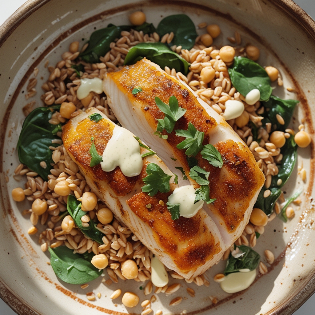 Harissa-Spiced Tilapia & Farro Bake with Lemon-Tahini Drizzle