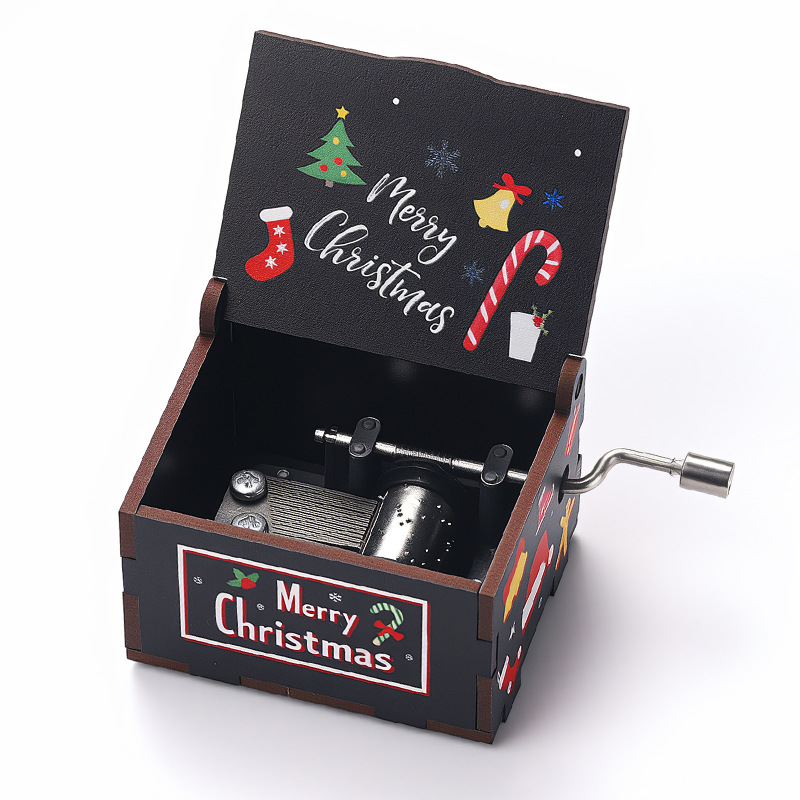 Wooden music box with Christmas motifs, hand-operated