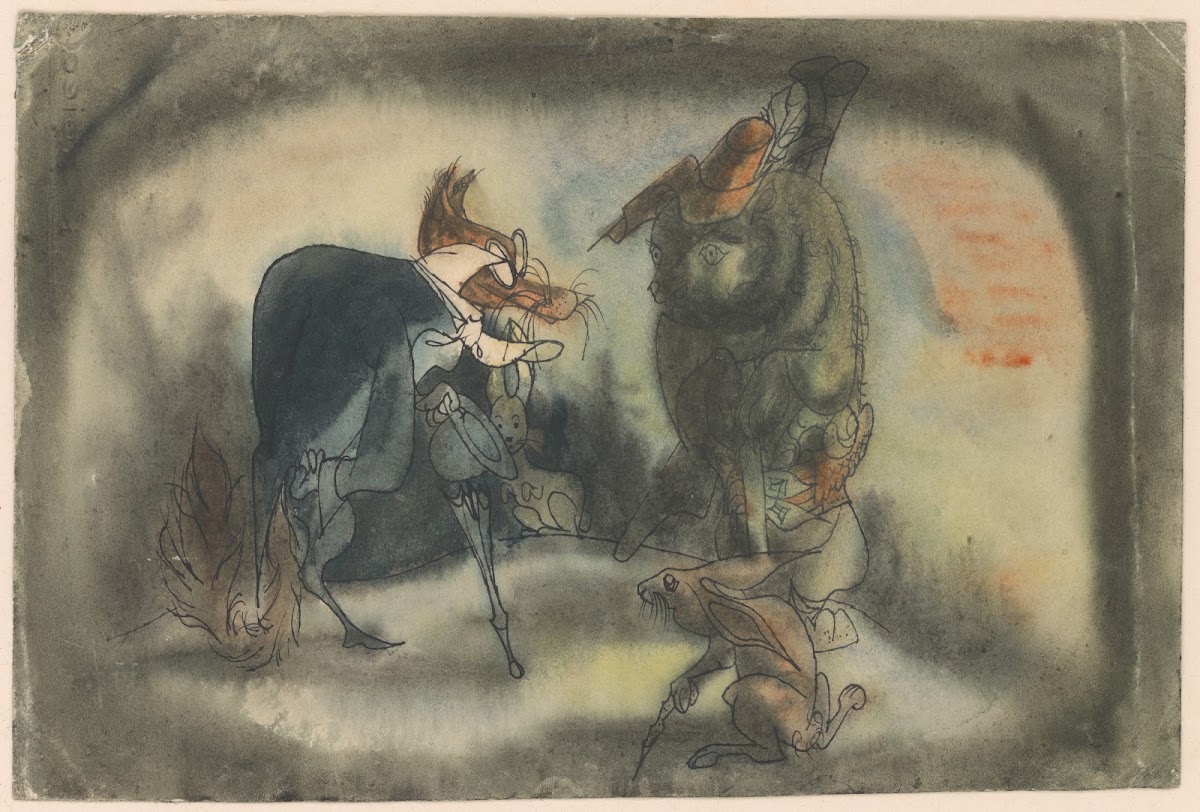 The Meeting of a Lion Is a Hat And a Fox With An Umbrella