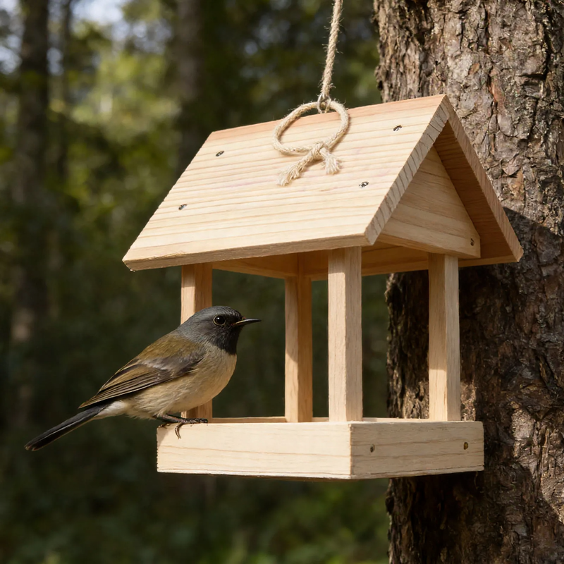 Open wooden birdhouse as a feeding station