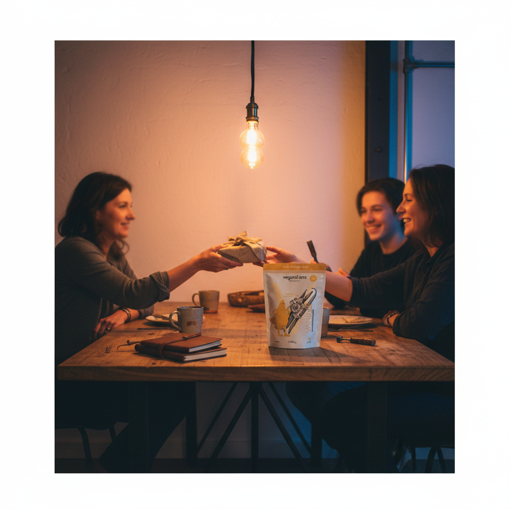 Intime Abend-Szene mit Händen, die ein Geschenk am Holztisch reichen, warme Lampenbeleuchtung und industrielle Metallakzente – geschenkideen freundin