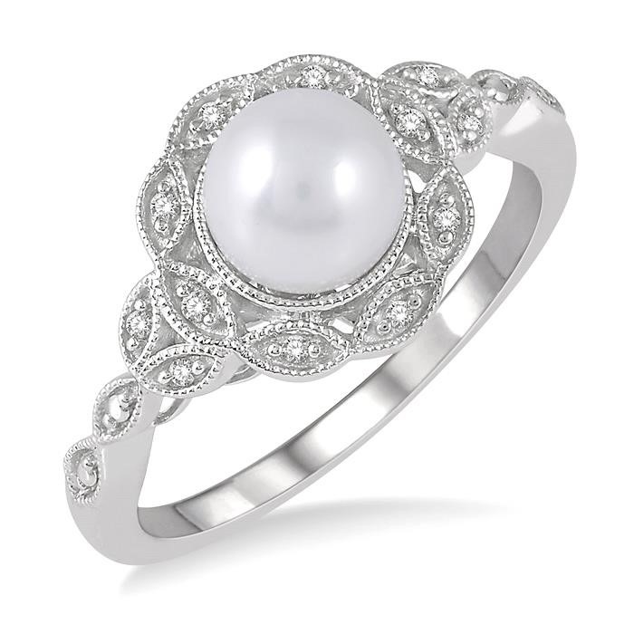 Silver Pearl & Diamond Ring