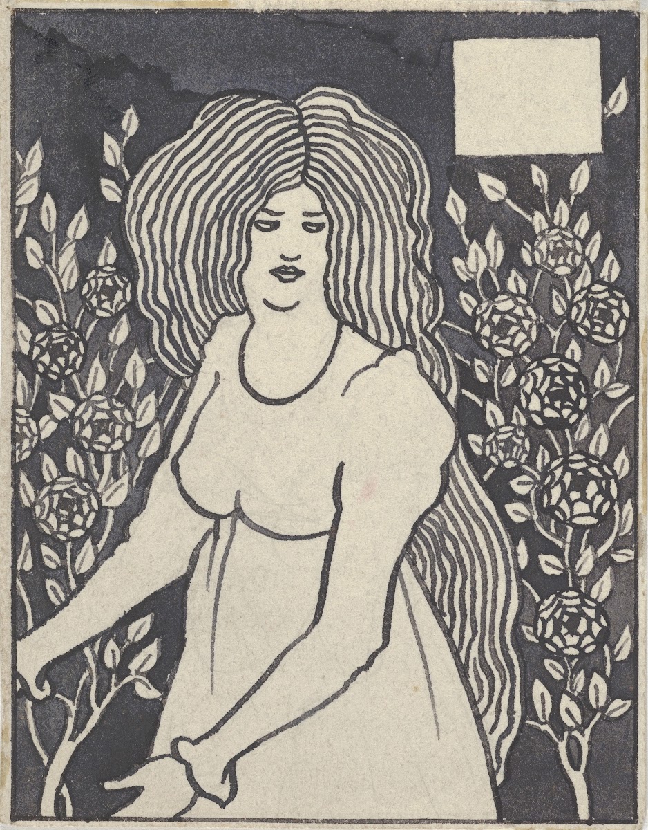 Long haired Woman in Front of Tall Rosebushes 1894