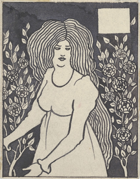 Long haired Woman in Front of Tall Rosebushes 1894