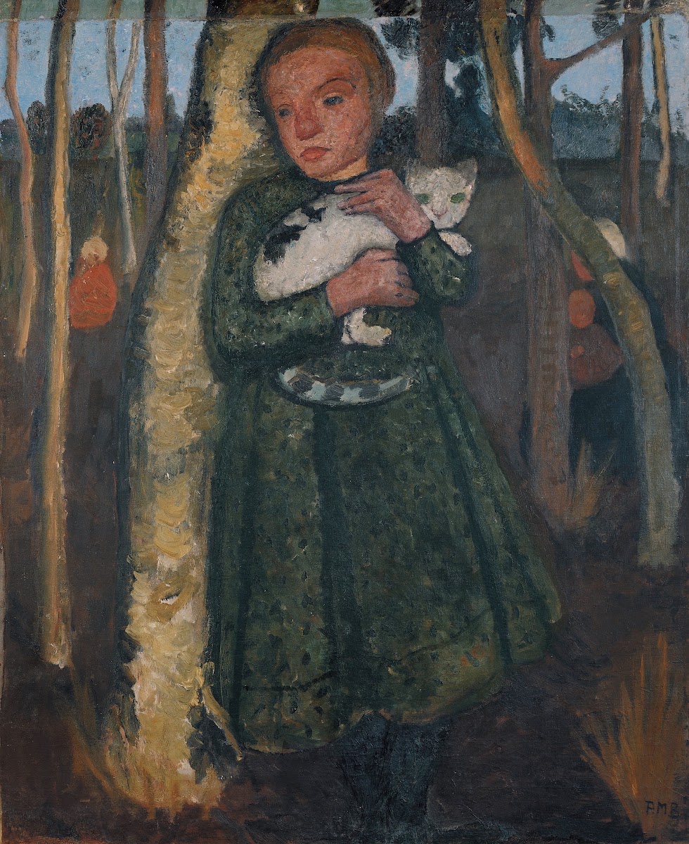Girl in a birch forest with cat circa 1904