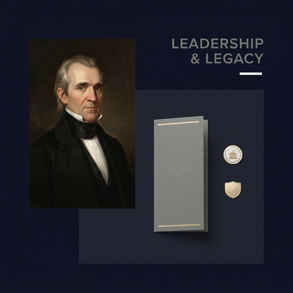 Minimalist portrait collage of James K Polk with modern campaign elements on a dark navy background clean balanced layout darkhorseodds