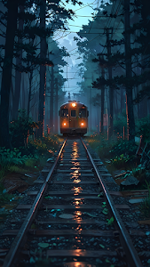 Lonely Train Tracks Through Dark Forest Night Scene