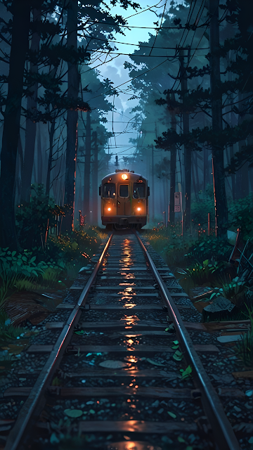 Lonely Train Tracks Through Dark Forest Night Scene
