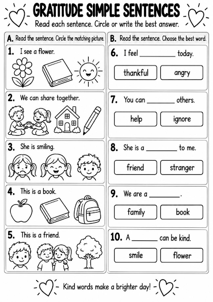 Gratitude Simple Sentences Worksheet